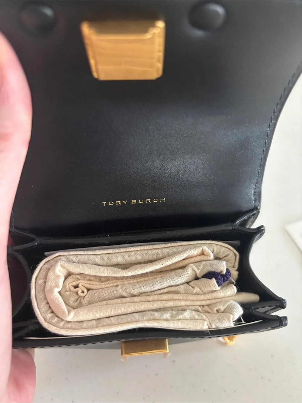 Tory Burch Black Eleanor Mini Crossbody with Gold Logo and Chain